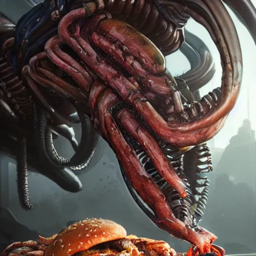 Image similar to hyper realistic hamburger as a xenomorph, painted by greg rutkowski, unreal engine,