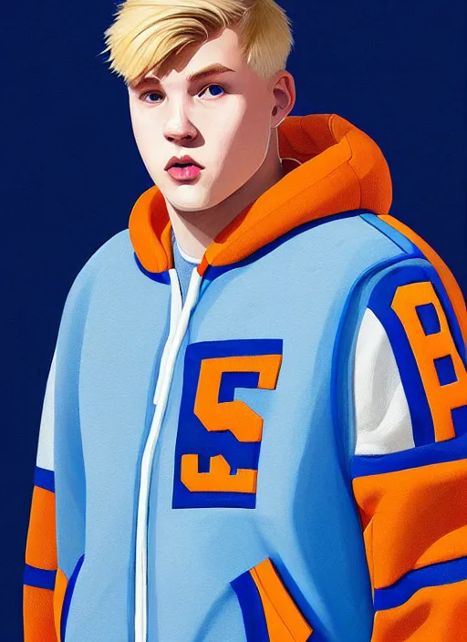 Image similar to portrait of high school senior boy named big moose, blonde short hair, jock, beefy, wide face, square jaw, square facial structure, blue varsity jacket with letter r, intricate, elegant, glowing lights, highly detailed, digital painting, artstation, concept art, sharp focus, illustration, art by wlop, mars ravelo and greg rutkowski