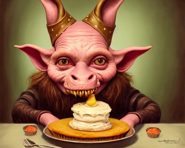 Image similar to closeup profile portrait of a medieval goblin eating cakes in a 1 9 5 0 s diner, nicoletta ceccoli, mark ryden, lostfish, max fleischer, hyper realistic, artstation, illustration, digital paint, matte paint, vivid colors, bright, cheerful, detailed and intricate environment