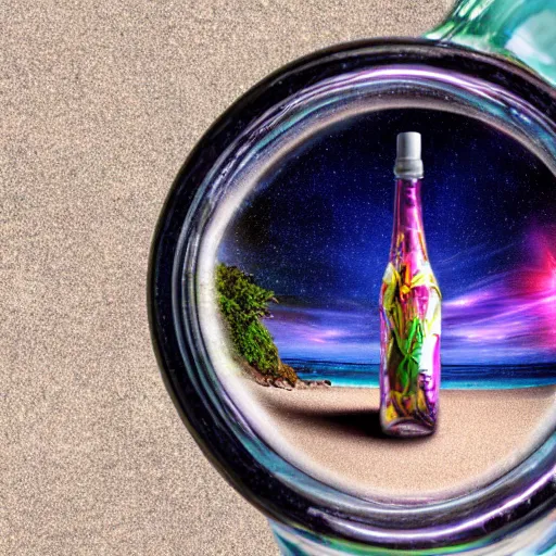 Image similar to a universe inside of a bottle on the beach, hyper detailed, photorealostic