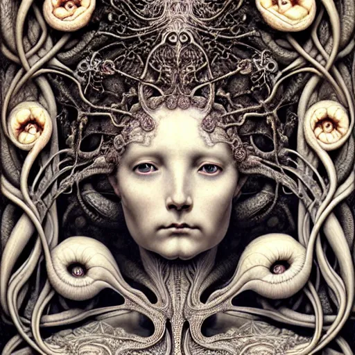 Image similar to detailed realistic porcelain beautiful intricate calaveras goddess face portrait by jean delville, gustave dore, iris van herpen and marco mazzoni, art forms of nature by ernst haeckel, art nouveau, symbolist, visionary, gothic, neo - gothic, pre - raphaelite, fractal lace, intricate alien botanical biodiversity, surreality, hyperdetailed ultrasharp octane render