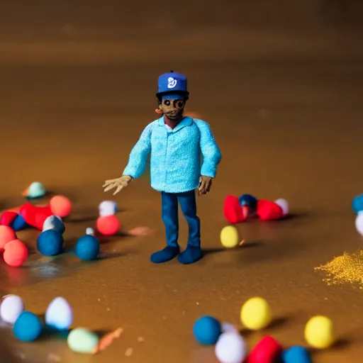 Image similar to a cinematic film still of a claymation stop motion film starring chance the rapper as a college student, shallow depth of field, 8 0 mm, f 1. 8