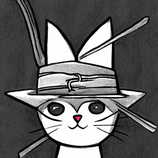 Prompt: drawing of a cat using witch hat. cartoon. cute. anime style.