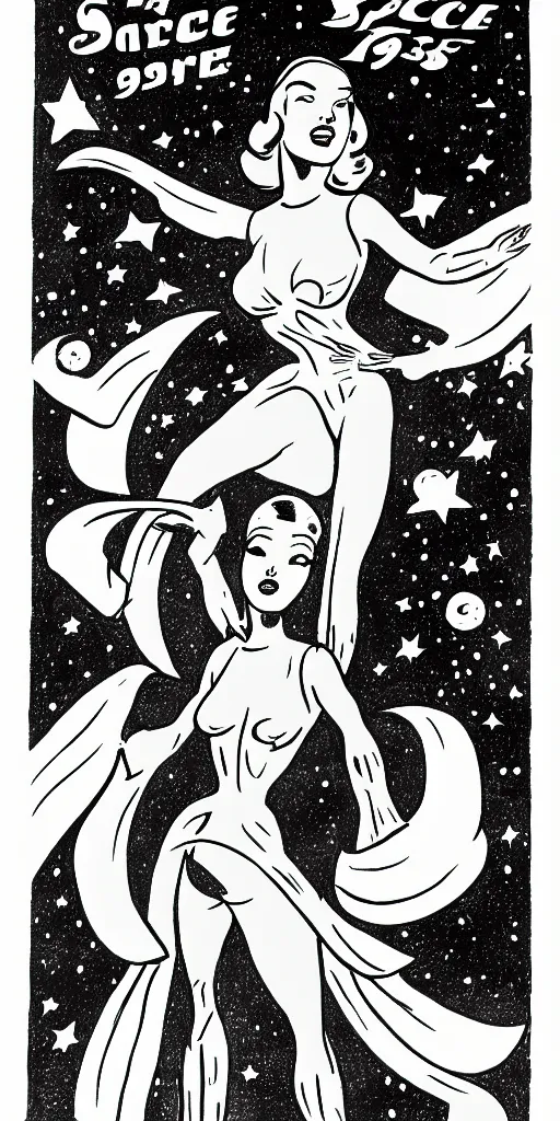 Prompt: old 1930s cartoon, space babe