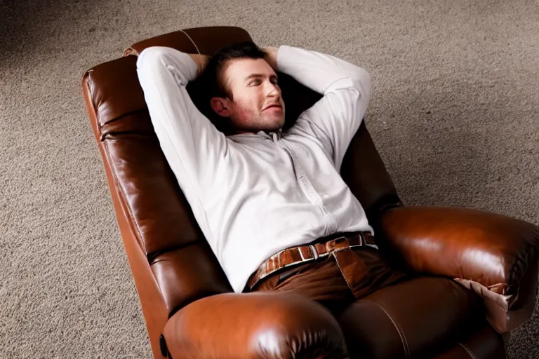 Image similar to a caucasian man relaxing on a brown reclined leather chair