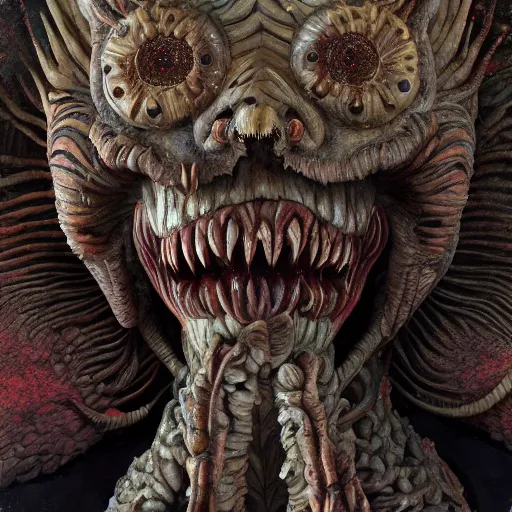 Prompt: A very detailed aesthetic horror painting titled 'The Demogorgon' description 'Statue made out of flesh and eyes' by Takashi Murakami and Wayne Barlowe, Trending on cgsociety artstation, establishing shot, 8k, masterpiece, highly detailed.