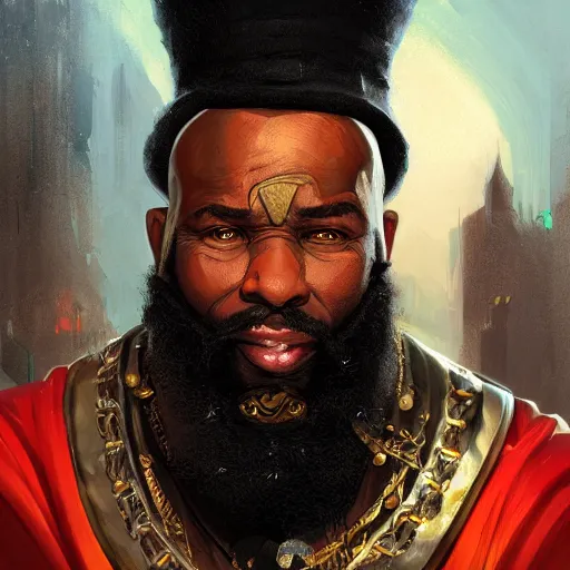 Prompt: a portrait of mr. t as a wizard, upper half portrait, urban motifs, intricate, elegant, highly detailed, digital painting, trending on artstation, concept art, smooth sharp focus, illustration, art by artgerm and greg rutkowski