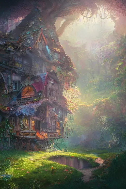 Image similar to a cheerful and whimsical ramshackle multistory hut in the woods, intricate, elegant, fantasy, highly detailed, digital painting, concept art, sharp focus, illustration, beautiful volumetric lighting, epic light, artstation, magic hour lighting, colorful, sunshine, springtime, art by Pixar
