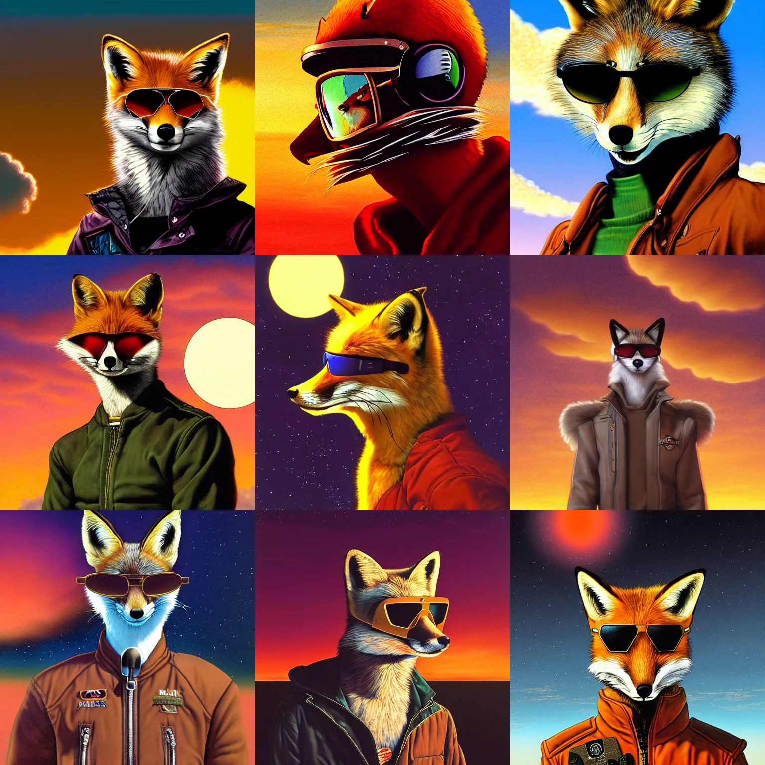 Prompt: a portrait of fox mccloud by peter elson, furry art, wearing reflective aviator sunglasses, sunset in the clouds, background by syd dutton