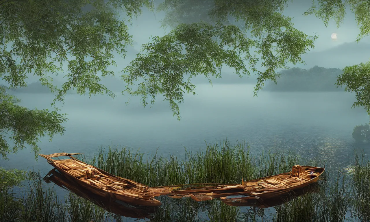 Prompt: a stunning lake house, beautiful lake in the foreground, a bamboo boat floating in the lake, moonlit night dreamy atmosphere, highly detailed twigs and plants in the forest, bioluminiscent butterflies in the fog in a bokeh background, deep colors, photorealistic digital arts, in anime style, smooth and rich color scheme, artstation, 8K