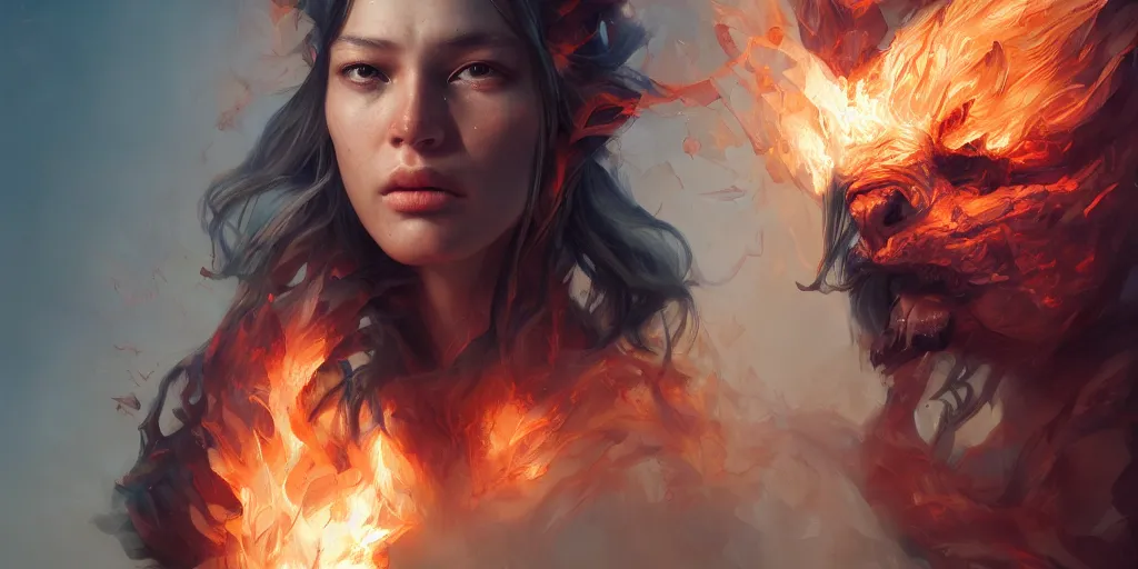 Image similar to hyperrealistic photorealist pose beautiful model in a firestorm, dramatic lighting, highly detailed, hyper detailed, 3 d render, hyper realistic detailed portrait, high face symmetry, peter mohrbacher, wlop, ruan jia