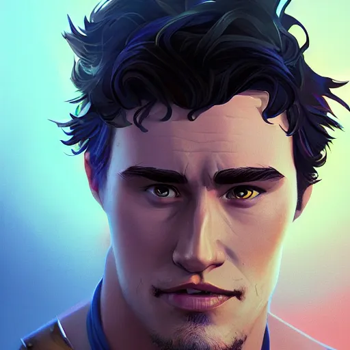 Prompt: Portrait of James Franco as young Heracles, mattepainting concept Blizzard pixar maya engine on stylized background splash comics global illumination lighting artstation lois van baarle, ilya kuvshinov, rossdraws