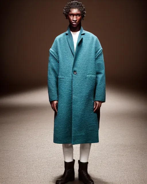 Prompt: an award - winning photo of a male model wearing a baggy teal distressed medieval menswear cropped coat by issey miyake, 4 k, studio lighting, wide angle lens