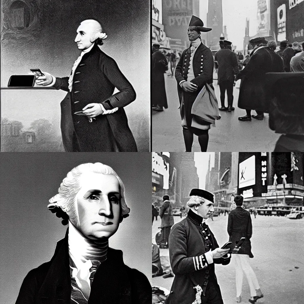 Prompt: photograph of george Washington trying to use a smartphone in Times Square, looking confused