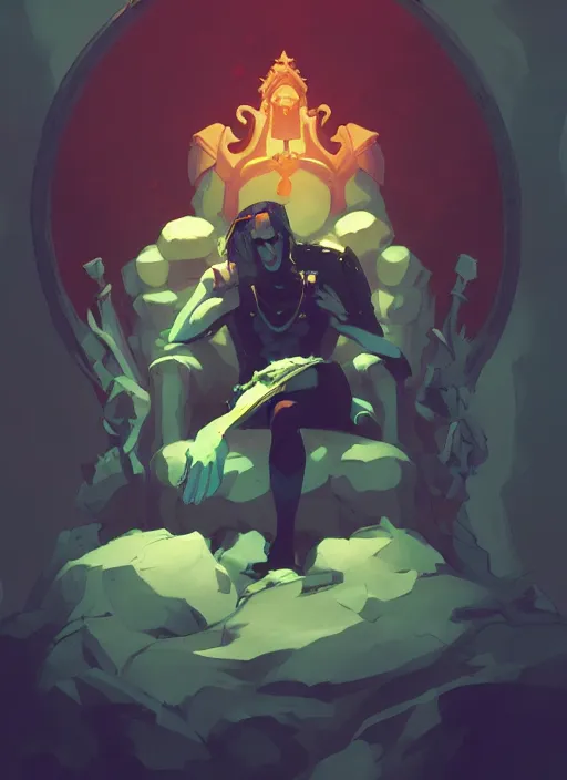 Prompt: dead king sitting on his forsaken throne, in the style of artgerm, charlie bowater, atey ghailan and mike mignola, vibrant colors and hard shadows and strong rim light, plain background, comic cover art, trending on artstation