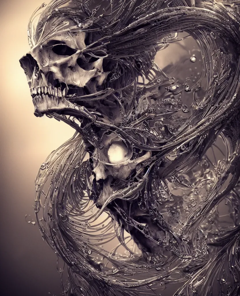 Prompt: close-up macro portrait of the face of a beautiful princess with animal skull mask, epic angle and pose, ribcage skeleton symmetrical artwork, 3d with depth of field, blurred background, cybernetic jellyfish female face skull phoenix bird, translucent, nautilus, energy flows of water and fire. a highly detailed epic cinematic concept art CG render. made in Maya, Blender and Photoshop, octane render, excellent composition, cinematic dystopian brutalist atmosphere, dynamic dramatic cinematic lighting, aesthetic, very inspirational, arthouse. y Greg Rutkowski, Ilya Kuvshinov, WLOP, Stanley Artgerm Lau, Ruan Jia and Fenghua Zhong