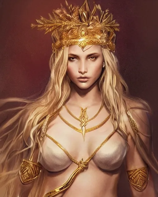 Image similar to tattoo design sketch of hot blonde super model as aphrodite greek goddess wearing a gold laurel wreath and triangle earrings, beautiful piercing gaze with sharp pupils, in the style of greg rutkowski, fantasy, amazing detail, epic, elegant, smooth, sharp focus, front view