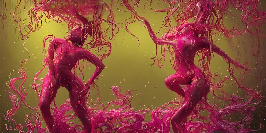 Prompt: nicki minaj | epic image of a glossy wet levitating floating fungus spirit with arms outstretched, made from colorful wet fungus tendrils. illustration by james jean, by ivan bilibin. uhd, amazing depth, glowing, golden ratio, 3 d octane cycle unreal engine 5, volumetric lighting, cinematic lighting, cgstation artstation concept art