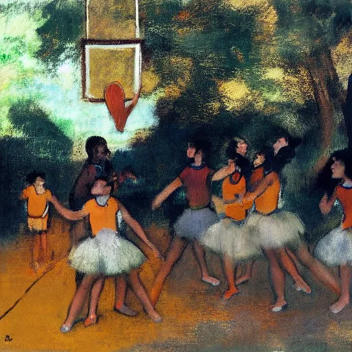 Image similar to mangoes playing basketball in the style of degas