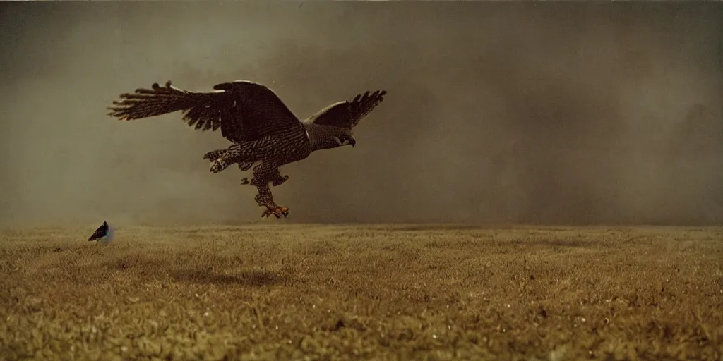 Image similar to detailed medium format photo, polaroid still from tarkovsky movie, a falcon escapes the falconer, haze, high production value, intricate details, 8 k resolution, hyperrealistic, hdr, photorealistic, high definition, tehnicolor, award - winning photography, masterpiece, amazing colors