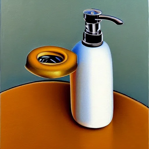 Image similar to a painting of a faucet and soap dispenser, an airbrush painting by janet fish and ( ( ( howard arkley ) ) ), trending on artstation, photorealism, hyper realism, oil on canvas, detailed painting