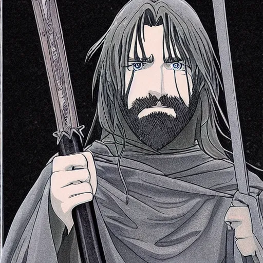 Image similar to aragorn from the anime lord of the rings (1986), looking serious, some beard, studio ghibli, very detailed, realistic