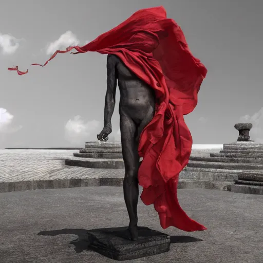 Image similar to a roman statue covered by red cloth that's blowing in the wind, digital art, concept art, cloth simulation with houdini, octane, redshift, 8 k