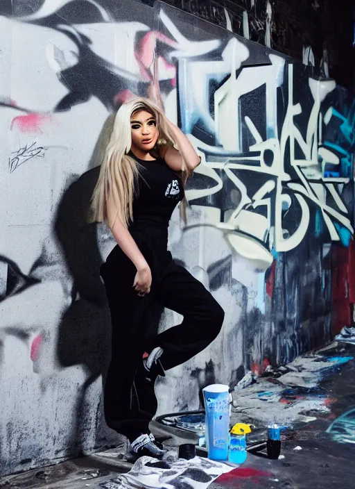 Image similar to film still portrait of kylie Jenner doing a graffiti mural, derelict house, cinematic lighting, cinematic, close rear pov,