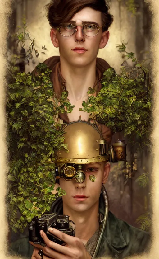 Image similar to hyper realistic male photographer looking through a vintage steampunk medium format camera, design on white background, beautiful details, lush foliage cyberpunk, gold, drawn by john singer sargent, tom bagshaw, norman rockwell, alphonso mucha, lolish, trending on artstation