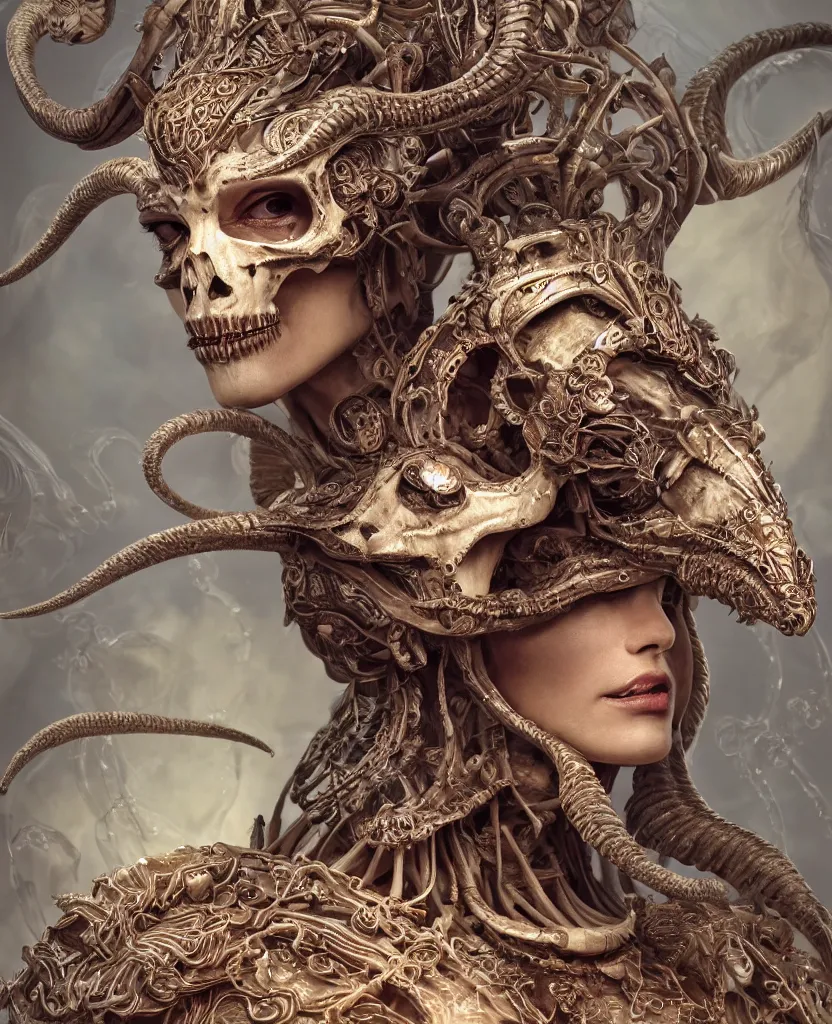 Image similar to close-up macro portrait of the face of a beautiful princess with ram animal skull mask, epic angle and pose, ribcage skeleton symmetrical artwork, 3d with depth of field, blurred background, cybernetic jellyfish female face phoenix bird, translucent, nautilus, energy flows of water and fire. a highly detailed epic cinematic concept art CG render. made in Maya, Blender and Photoshop, octane render, excellent composition, cinematic dystopian brutalist atmosphere, dynamic dramatic cinematic lighting, aesthetic, very inspirational, arthouse. y Greg Rutkowski, Ilya Kuvshinov, WLOP, Stanley Artgerm Lau, Ruan Jia and Fenghua Zhong