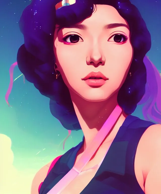 Prompt: beautiful portrait of sana from twice as a sci fi woman, with vaporwave aesthetic by artgerm, yuumei, makoto shinkai, concept art by james gilleard, artstation, cgsociety, synchromism, 8 0 s animation flat cell shaded. with thick black pencil lines!!!!