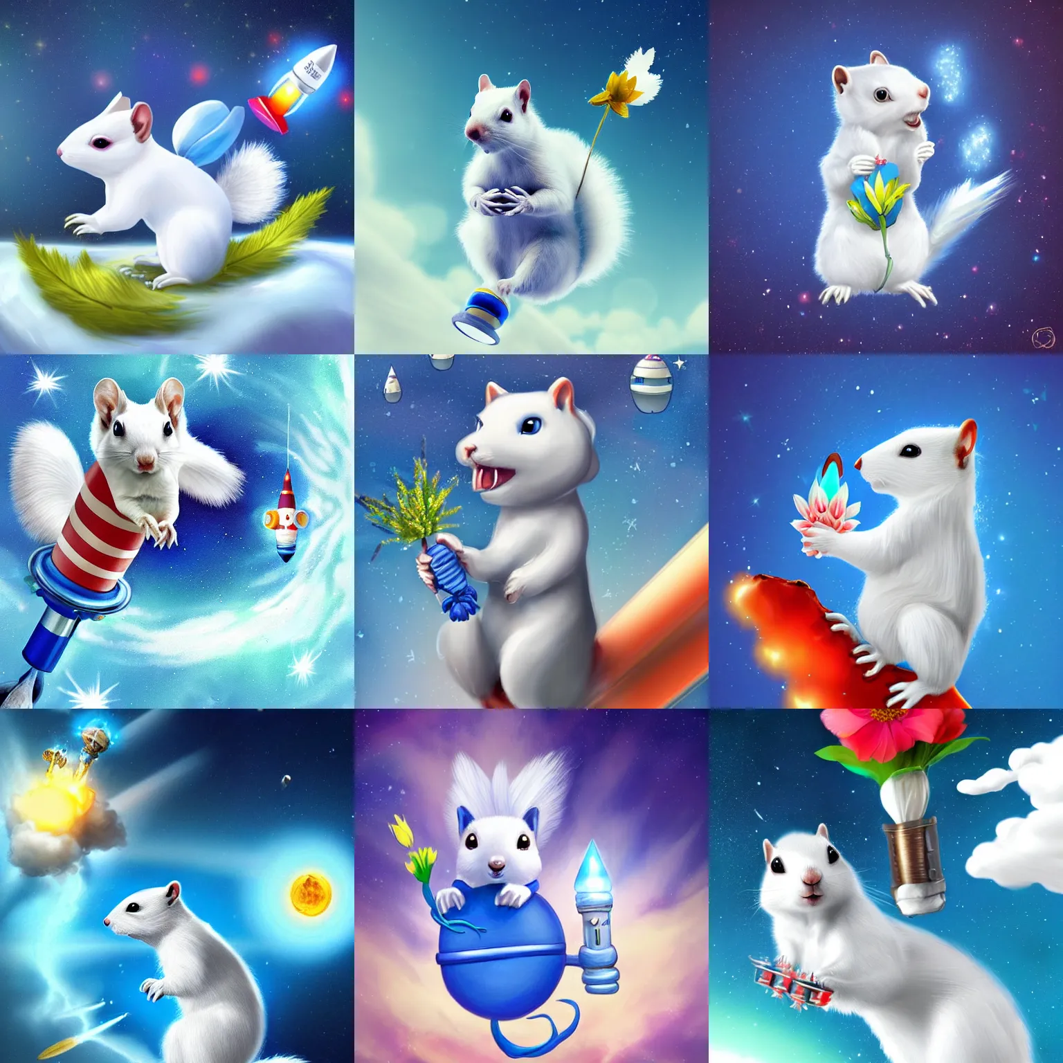 Prompt: a white squirrel riding a rocket in space with a blue flower in his hands trending on Artstation , digital art