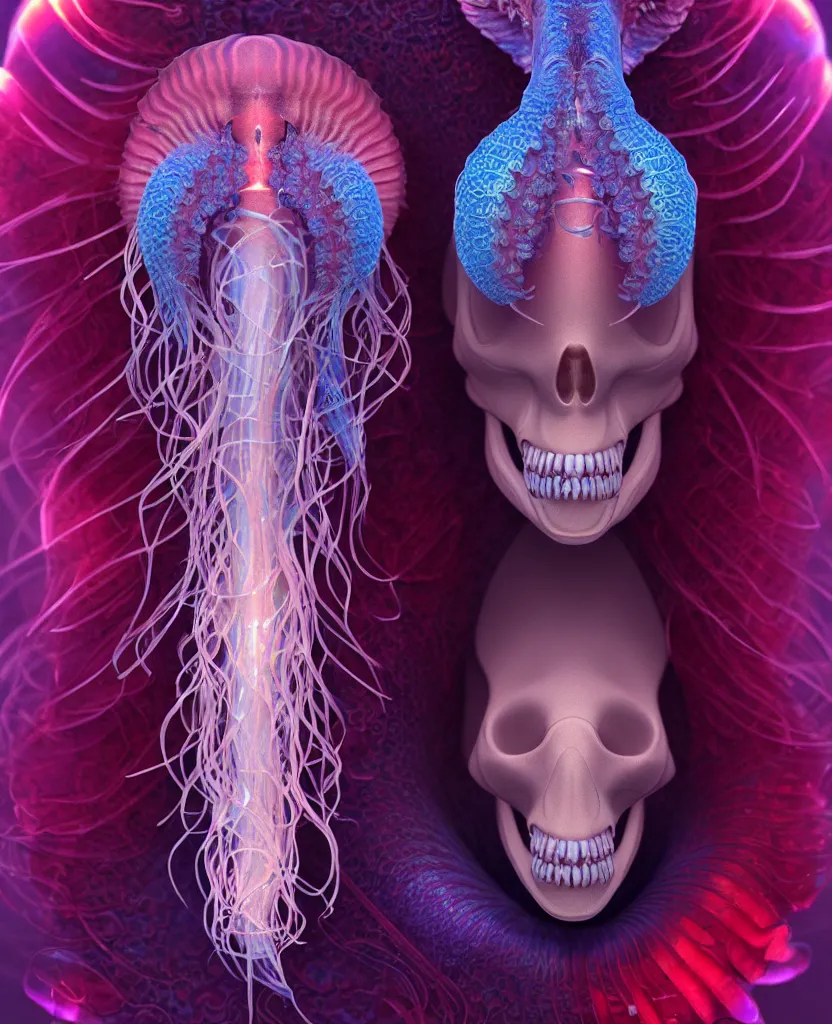 Image similar to goddess close-up portrait. chimera orchid jellyfish phoenix head, nautilus, skull, betta fish, bioluminiscent creatures, intricate artwork by Tooth Wu and wlop and beeple. octane render, trending on artstation, greg rutkowski very coherent symmetrical artwork. cinematic, hyper realism, high detail, octane render, 8k