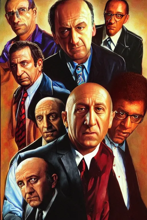 Image similar to drew struzan painting of saul goodman, mike ehrmantraut, kim wexler, and gustavo fring, hd, detailed, photorealistic, perfect likeness, 8 0 s movie poster, rim light