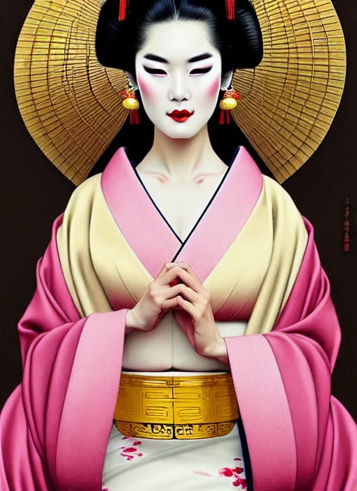Prompt: glamorous and sexy Geisha in an ancient japanese temple, beautiful pale makeup, pearlescent skin, seductive eyes and face, elegant, lacivious pose, very detailed face, highly detailed kimono, ancient japanese temple on the background, photorealism, a portrait by artgerm, rossdraws, Norman Rockwell, magali villeneuve, Gil Elvgren, Alberto Vargas, Earl Moran, Enoch Bolles