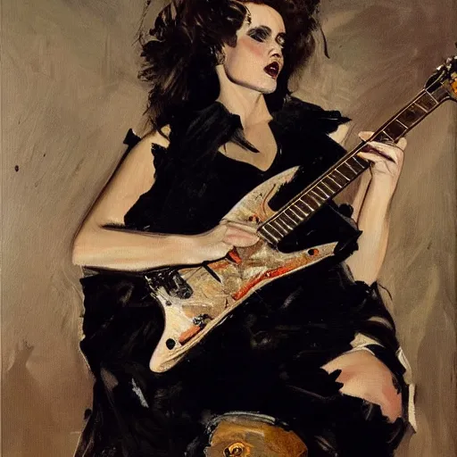Prompt: Anna Calvi playing electric guitar, oil painting by Giovanni Boldini