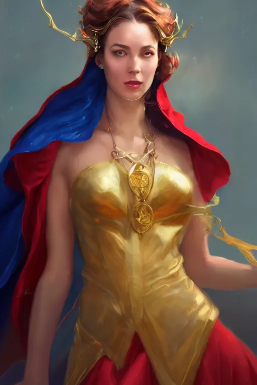 Prompt: Full portrait of Elementalist, female, gorgeous, beautiful face, Red and blue garments, yellow robes, brass bracelets, transparent cloak from neck to ankles, pin-up, highly detailed, smooth, sharp focus, digital painting, illustration, by by Albert Aublet, Krenz Cushart, WLOP and Sakimichan, artstation