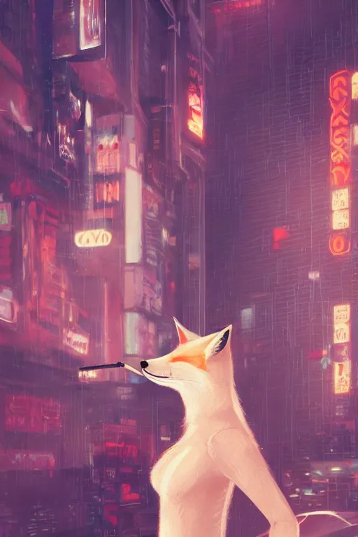 Image similar to beautiful portrait of a tall, shapely white female anthro fox smoking a cigarette in a blurred out crowd, rainy city street, cyberpunk clothes, cyberpunk, harsh neon lights, highly detailed, sharp focus, digital painting, illustration, trending on artstation, art by sakimichan, wlop, greg rutkowski