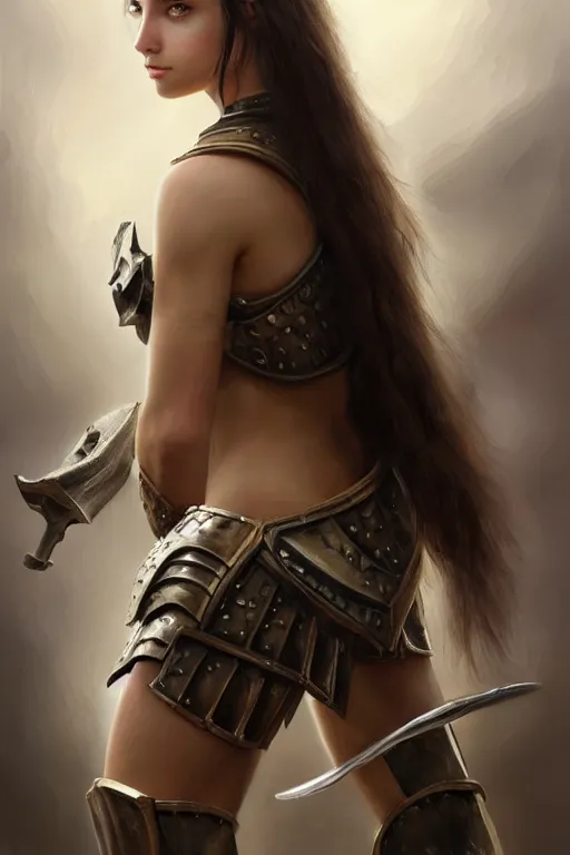 Image similar to a photorealistically painted portrait of an attractive young girl, partially clothed in military battle armor, with an abstractly painted background, flawless olive skin, fair complexion, long dark hair, beautiful bone structure, perfectly symmetric facial features, perfect photorealistic eyes, natural physique, intricate, elegant, digital painting, concept art, finely detailed, beautifully illustrated, sharp focus, minimal artifacts, volumetric lighting, from Halo, by Ruan Jia and Mandy Jurgens and Artgerm and William-Adolphe Bouguerea, in the style of Greg Rutkowski, trending on Artstation, award winning art