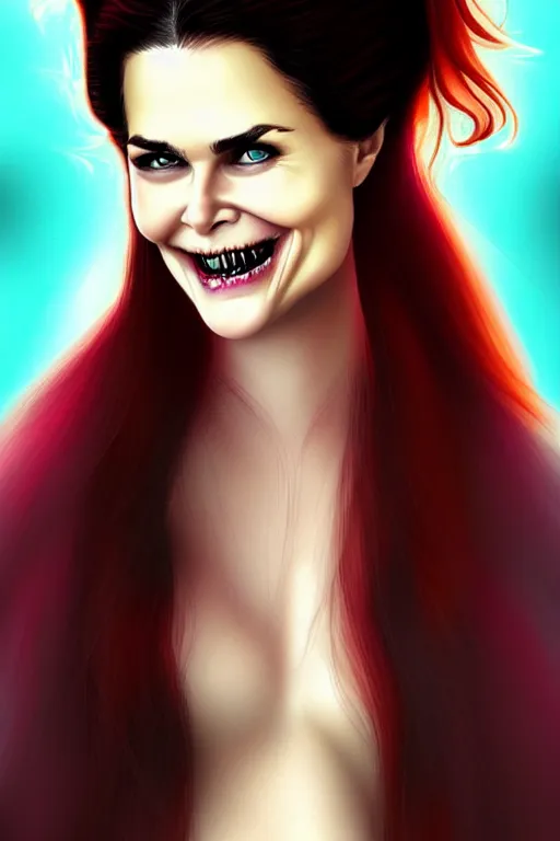 Image similar to mix of beautiful young maria shriver, mariel hemmingway, brooke shields, nicole kidman and elle macpherson as a vampire showing vampire teeth, ready to bite, thin lips, hair tied up in a pony tail, dark blonde hair, colorful, deviantart, artstation, cgsociety