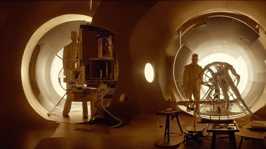 Image similar to an mri section of james cavell in the living room, film still from the movie directed by denis villeneuve with art direction by salvador dali, wide lens