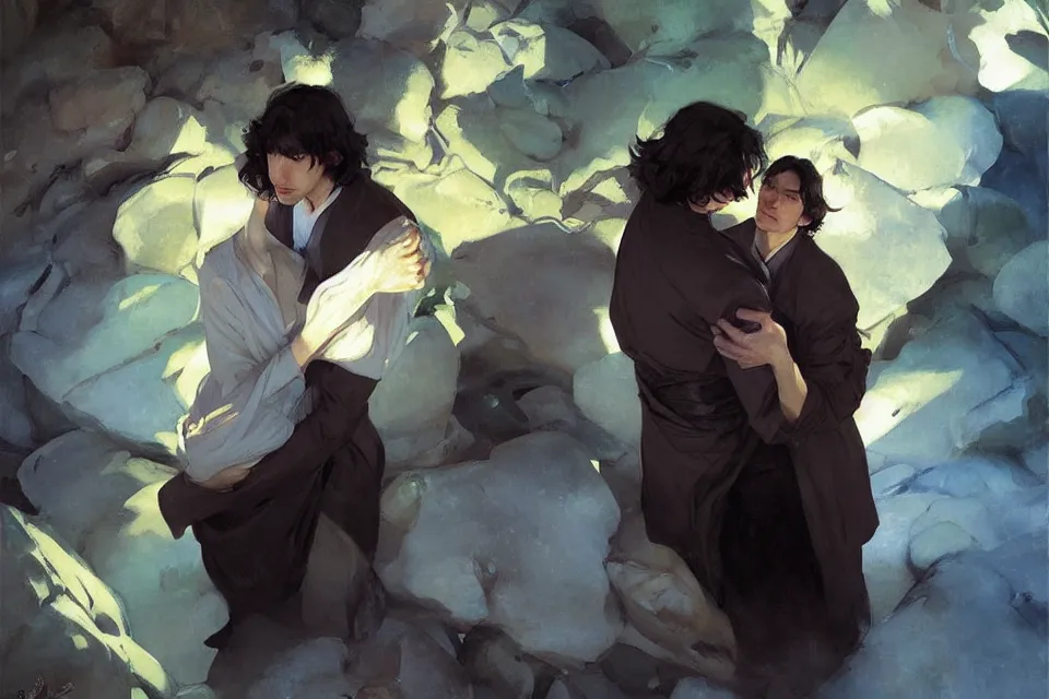 Image similar to ben solo and rei holding each other in a large dark cave, tired, sad, muted colors, painted by krenz cushart, by joaquin sorolla rhads leyendecker, by ohara koson