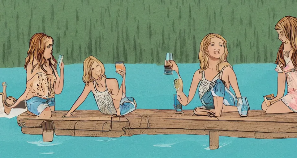 Image similar to simple illustration storyboard of girls weekend on a lake, mimosas