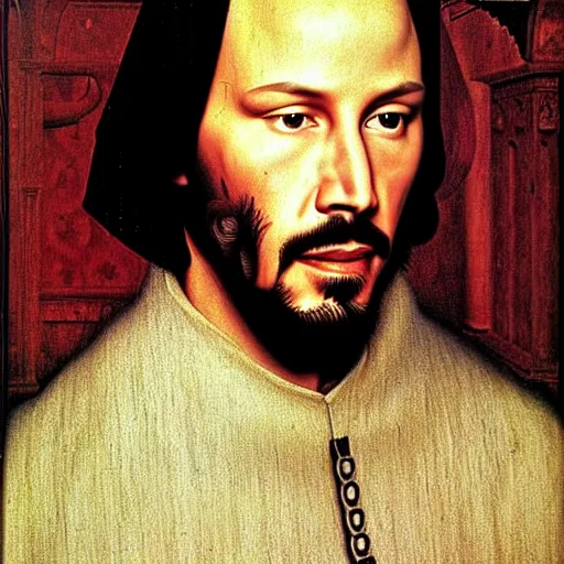 Image similar to portrait of keanu reeves, oil painting by jan van eyck, northern renaissance art, oil on canvas, wet - on - wet technique, realistic, expressive emotions, intricate textures, illusionistic detail