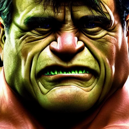 Image similar to Danny Devito as The Incredible Hulk, cinematic, realistic, detailed, portrait, green skin