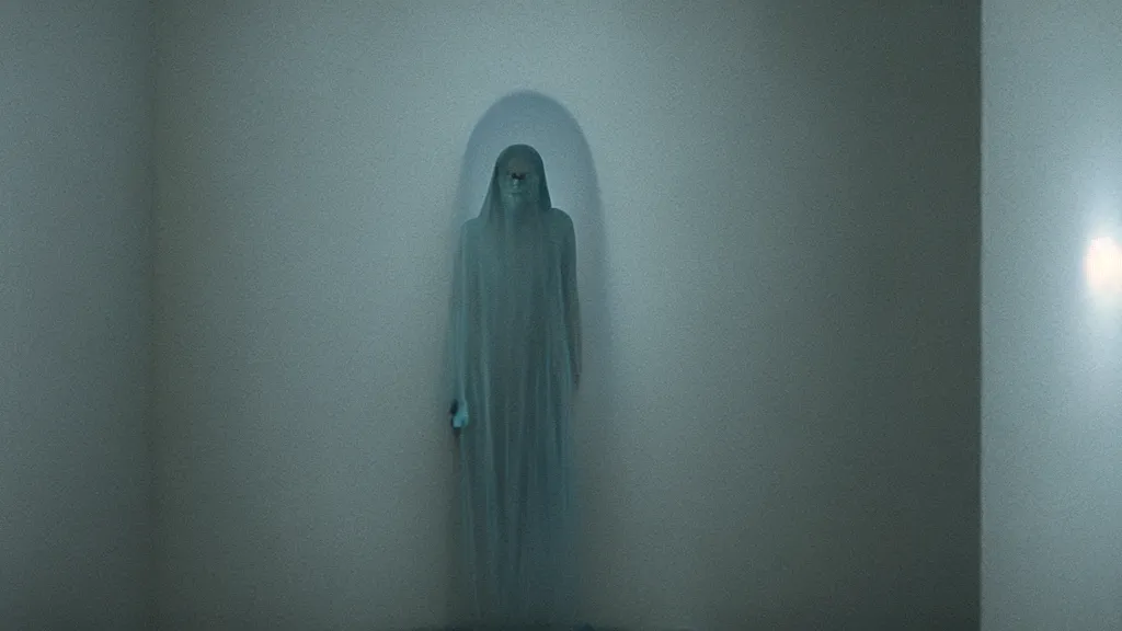 Image similar to an iridescent ghost stands alone in the bathroom, film still from the movie directed by Denis Villeneuve with art direction by Zdzisław Beksiński, wide lens