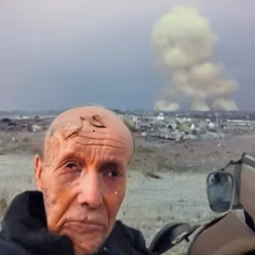 Image similar to last selfie of last alive ukrainian very damaged after a nuclear strike, a nuclear explosions in the background, hyper - realistic 2 0 2 2