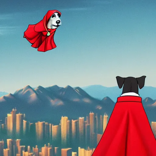 Prompt: a dog wearing a red cape flying high above a cityscape