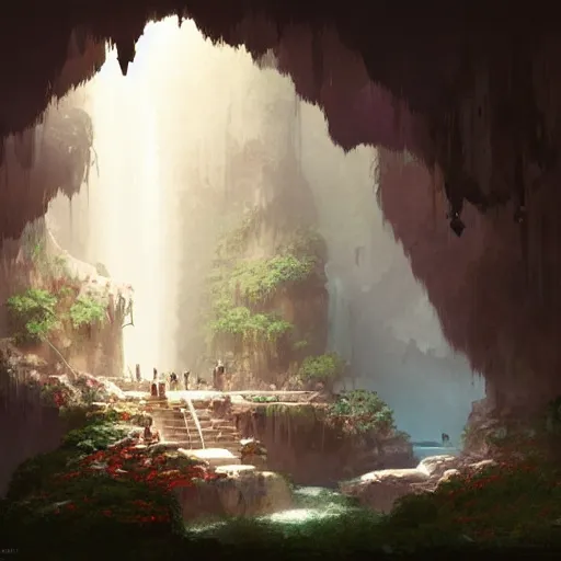 Prompt: cozy, empty hotspring hidden in a cave, candlelight, towels, cushions, natural light, lush plants and flowers, elegant, smooth cave rock, fantasy, atmospheric lighting, digital painting, Greg Rutkowski concept art