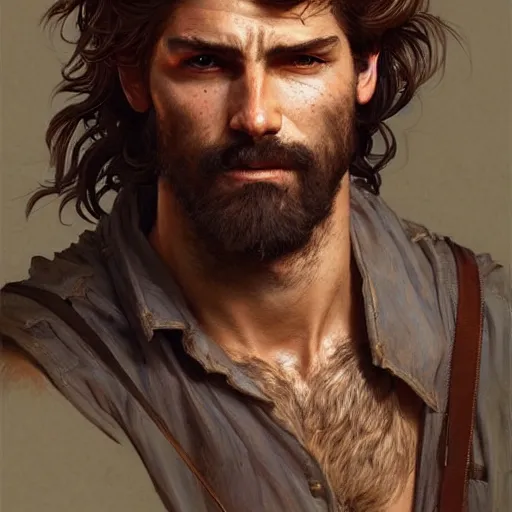 Image similar to portrait of a rugged ranger, full body, open shirt, hairy torso, D&D, fantasy, intricate, elegant, highly detailed, digital painting, artstation, concept art, matte, sharp focus, illustration, art by Artgerm and Greg Rutkowski and Alphonse Mucha